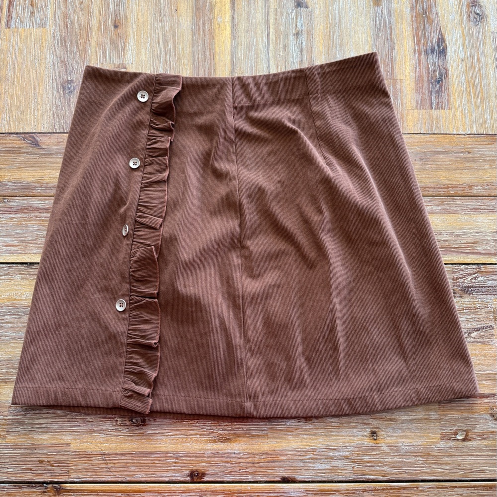 Allegra K Brown Corduroy Mini Skirt with Ruffle and Button Accents. Size L